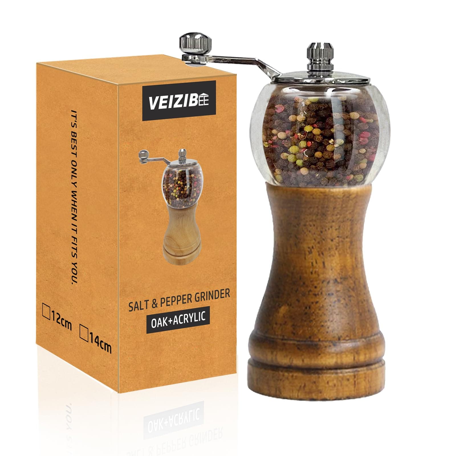 VEIZIBEE Pepper Mills, Classical Roast Black Manual Pepper Grinder Set，Hand Shake Salt Mill，Retro Style Wood， Acrylic，Ceramic Blades，Metal Handle, Enjoy Fresh Pepper (Walnut color 1pcs-6in)