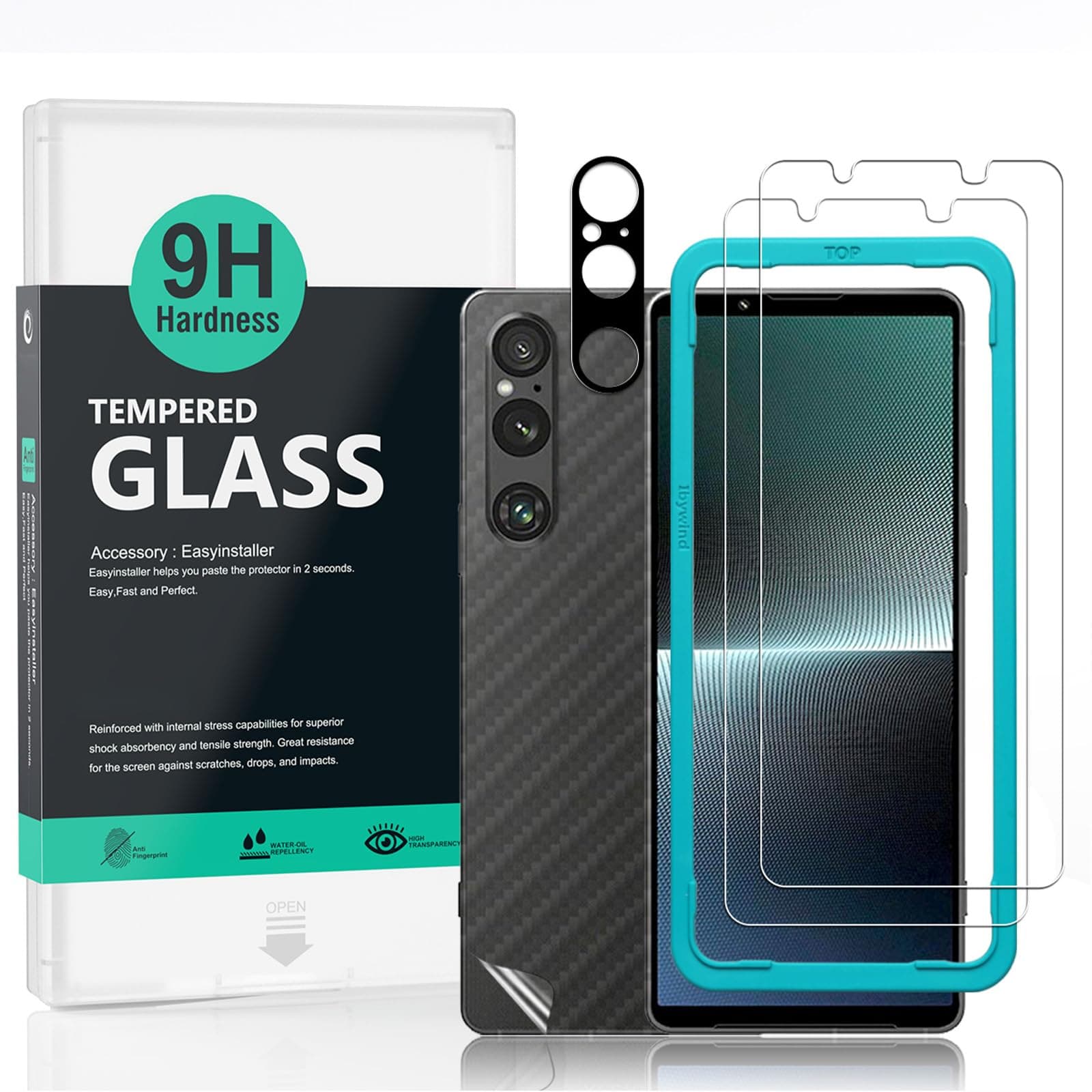 For Sony Xperia 1 V 5G Screen Protector 6.5",2 Pack 9H Hardness Tempered Glass,With 1Pc Camera Lens Protector,1Pc Back Carbon Fiber Film,Easy to install