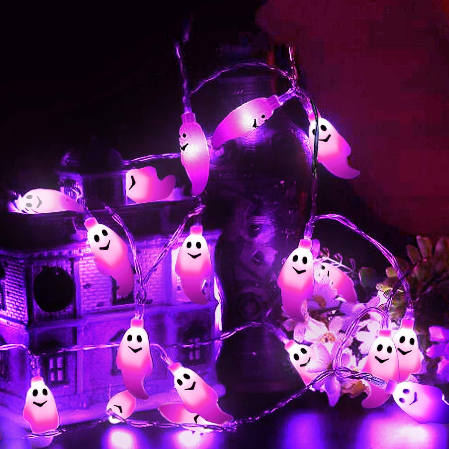 Samyoung Ghost String Lights,Battery Operated LED 7.9FT Halloween Fairy String Lights for Indoor Outdoor Halloween Party Decor, Holiday, Party, Surprise,Bedroom (Purple)