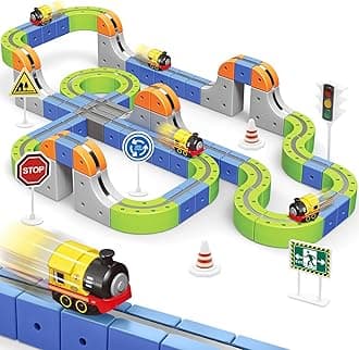 Magnetic Track Car Toys, 101PCS Flexible Race Car Track Sets for Toddlers with Electric Train, Traffic Signs, Kids Train Set Toys for 3 4 5 6 7 8 Year Old Boys Girls Birthday Party Gift-Large