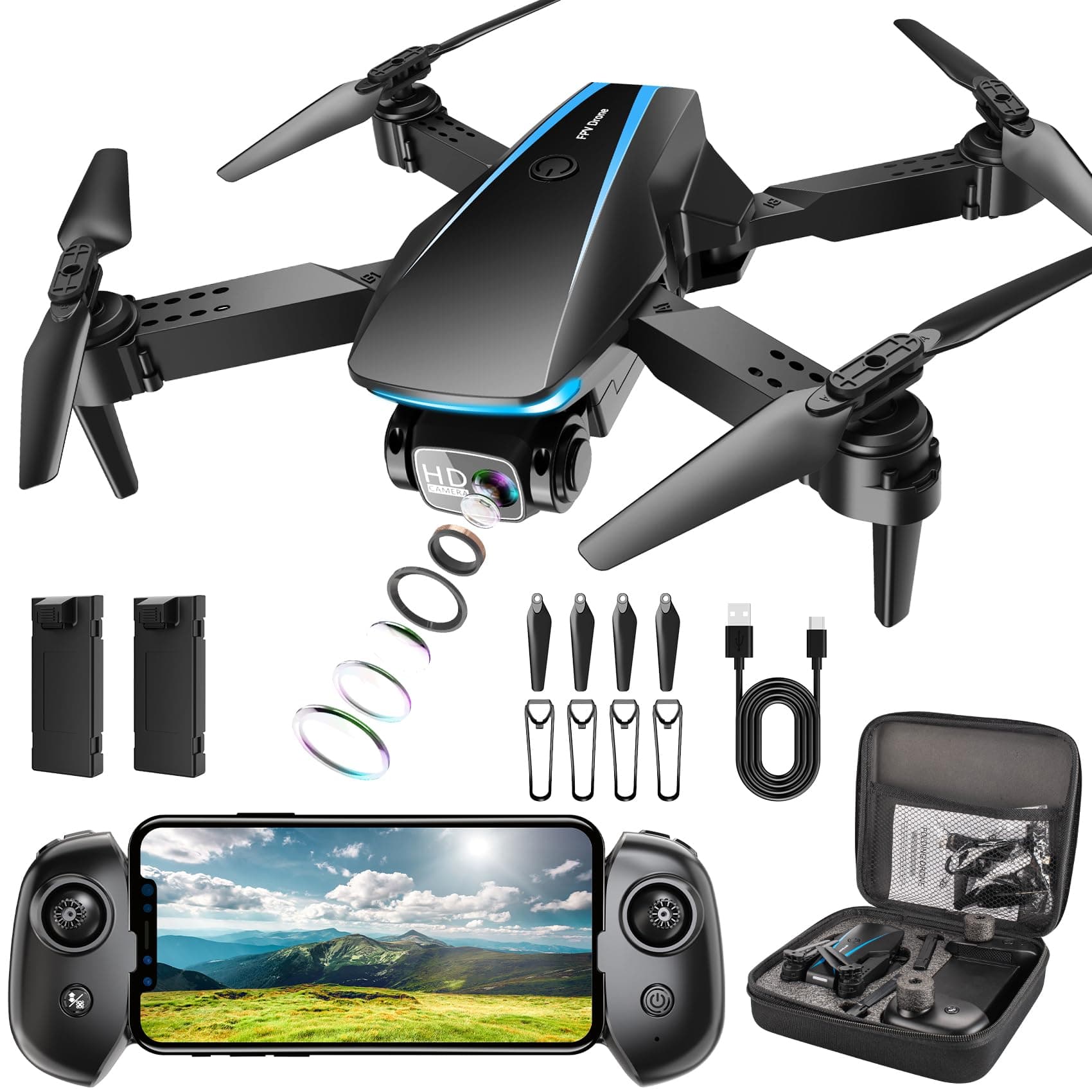 Oddire Drone with Camera - Drones for Adults, with 2 Batteries, Carrying Case, Propellers, 1080P HD Foldable Drone with Stable Hover, Trajectory Flight, Gravity Control, One Key Take Off/Land, 3D Flip