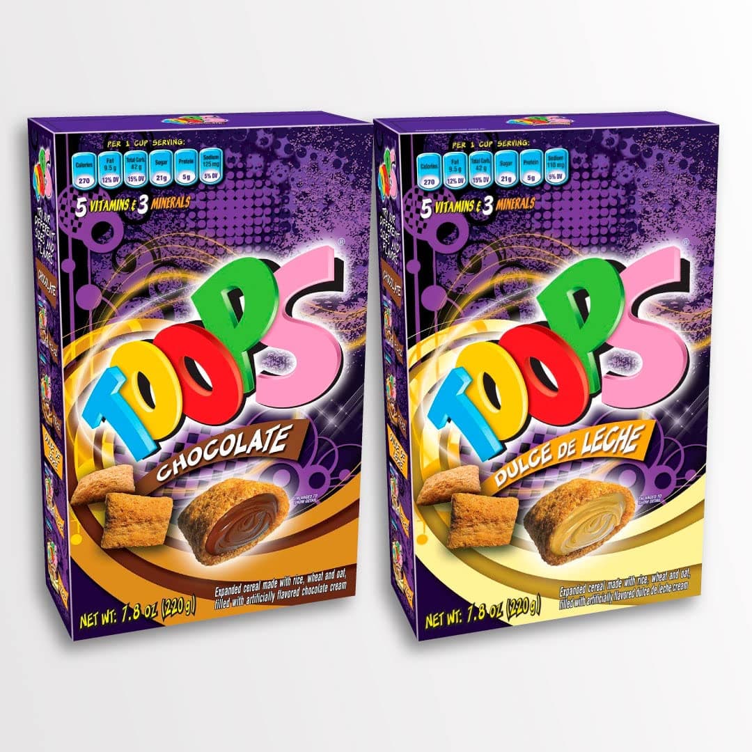 Toops Bundle – Cereal filled with Chocolate Cream 220g / 7.8Oz + Cereal filled with Dulce de Leche cream 220g / 7.8Oz - Contains Vitamins and Minerals made of Rice, Wheat and Oat (12 Pack / 93.6 Oz TOTAL)