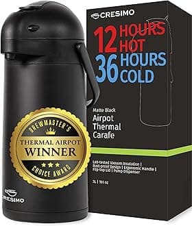 Airpot Coffee Dispenser With Pump, Black - 12 Hours Hot Water Dispenser with Pump, 36 Hours Cold - Coffee Thermal Carafe for Hot Drinks, Tea Flask for Beverages -Large Carafe w/ One-Handed Dispensing