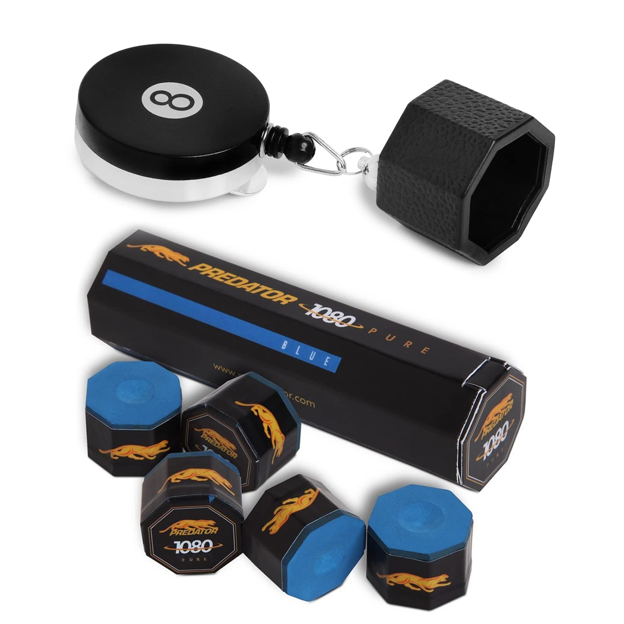 Retractable Octagon 8-Ball Chalker Billiard Pool Cue Chalk Holder with Belt Clip Black + 1 tube/5pcs of Predator Chalk