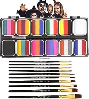 Face Body Painting Kit for Kids Adults, 12 x 10gm Face Paint Set One Stroke Split Cakes Palette Non-Toxic Rainbow Body Paint for Halloween Christmas Cosplay with 12 Brushes