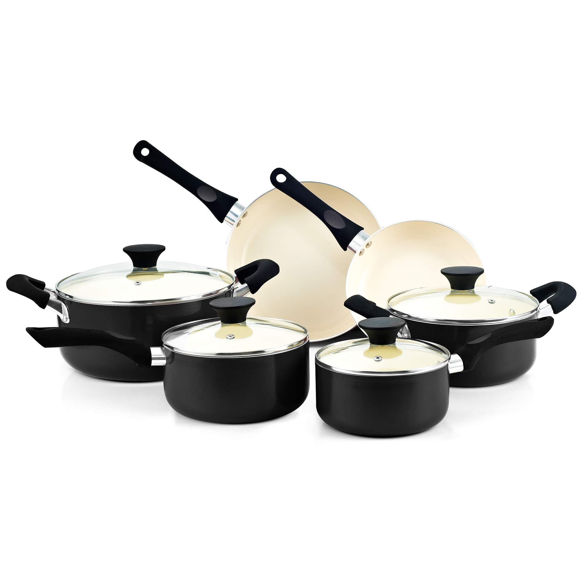 Cook N Home 10 Piece Non-Stick Ceramic Cookware Set, Kitchen Non-Stick Cooking Set, Sauce Pan, Fry Pan, Dutch Oven Pot with Lid, Black