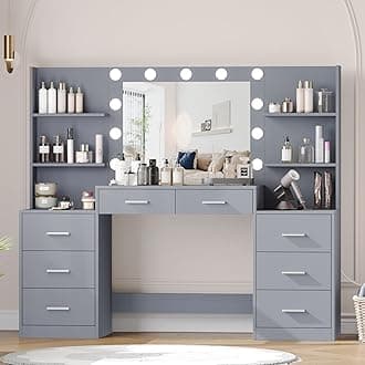 Irontar 61.9‘’L Vanity Desk with Mirror & Lights, Large Makeup Vanity with Charging Station, Makeup Desk with Drawers & Open Storage Shelves, 3 Lighting Modes, Bedroom Vanity Table, Gray