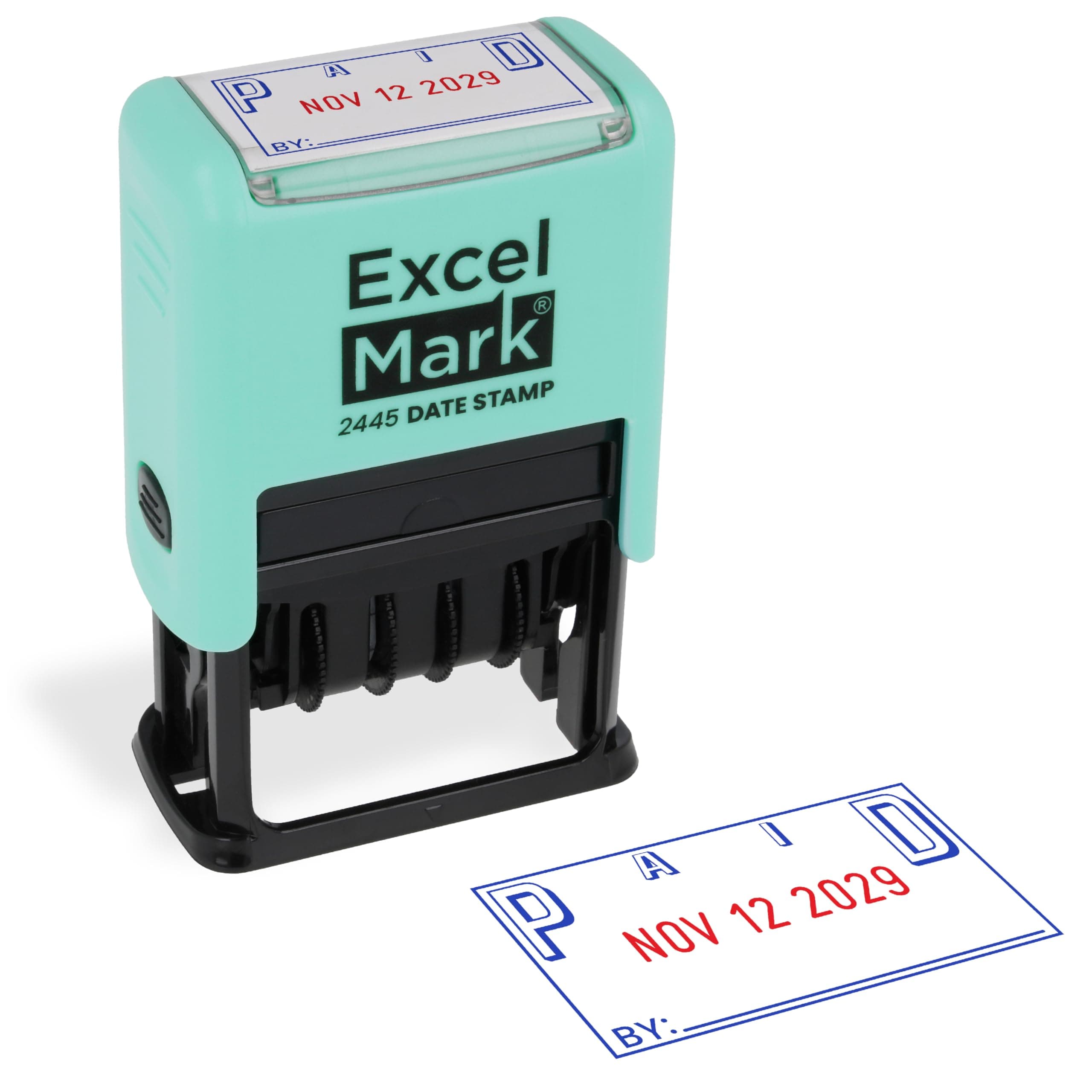 ExcelMark 2445 Date Stamp with Text - Blue and Red Ink (Seafoam Mount, Paid)