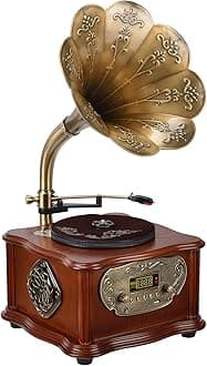 BANDC Wooden Gramophone Phonograph Turntable Vinyl Record Player Stereo Speakers System Control 33/45 RPM FM AUX USB Ouput Bluetooth 4.2