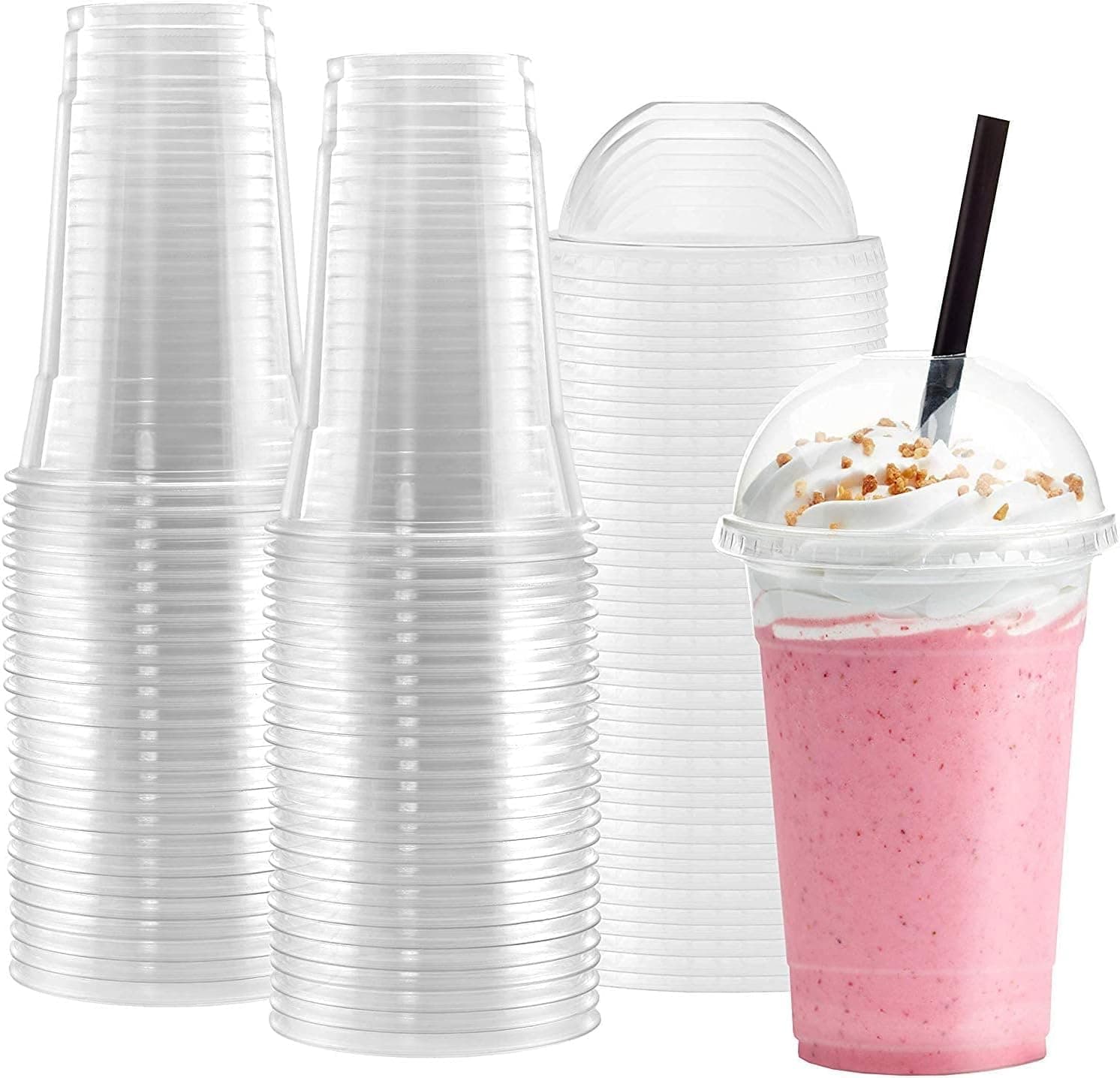 MARKQ [50 Sets] [16 Oz] Disposable Plastic Cups with Dome Lids - Disposable Clear Cups for Cold Drinks, Milkshakes & Smoothies