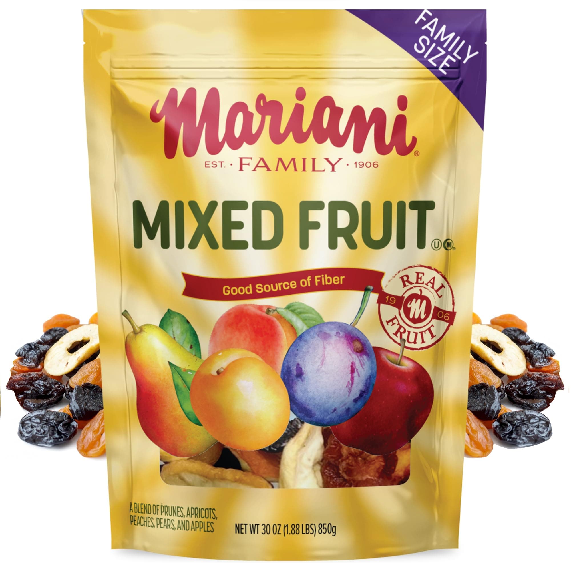 Mariani Mixed Fruit - 30oz Bulk Bag, Dried Fruit Mix No Sugar Added - Pears, Plums, Peaches, Apricots, Apples - American Made Quality Dried Fruit Snacks,Perfect for Trail Mix, Salads, Yogurt, Dessert