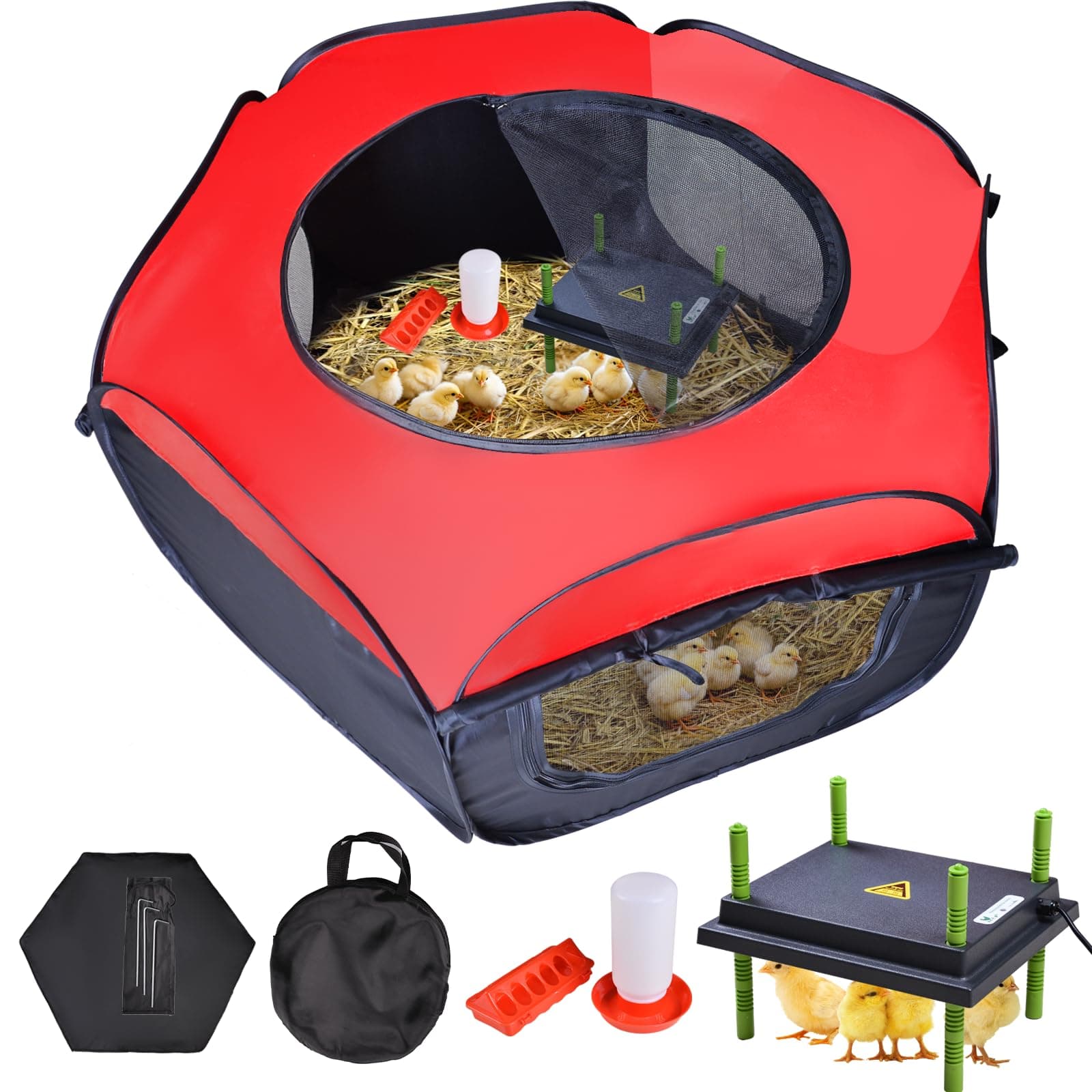 Chicken Brooder Box for Chick Starter Kit - 10 * 12inch Brooder Heating Plate Chick Brooder Pen Chicken Brooder Box 4-in-1 Bundles with Chicken Feeder, Waterer (Brooder Set,Red)