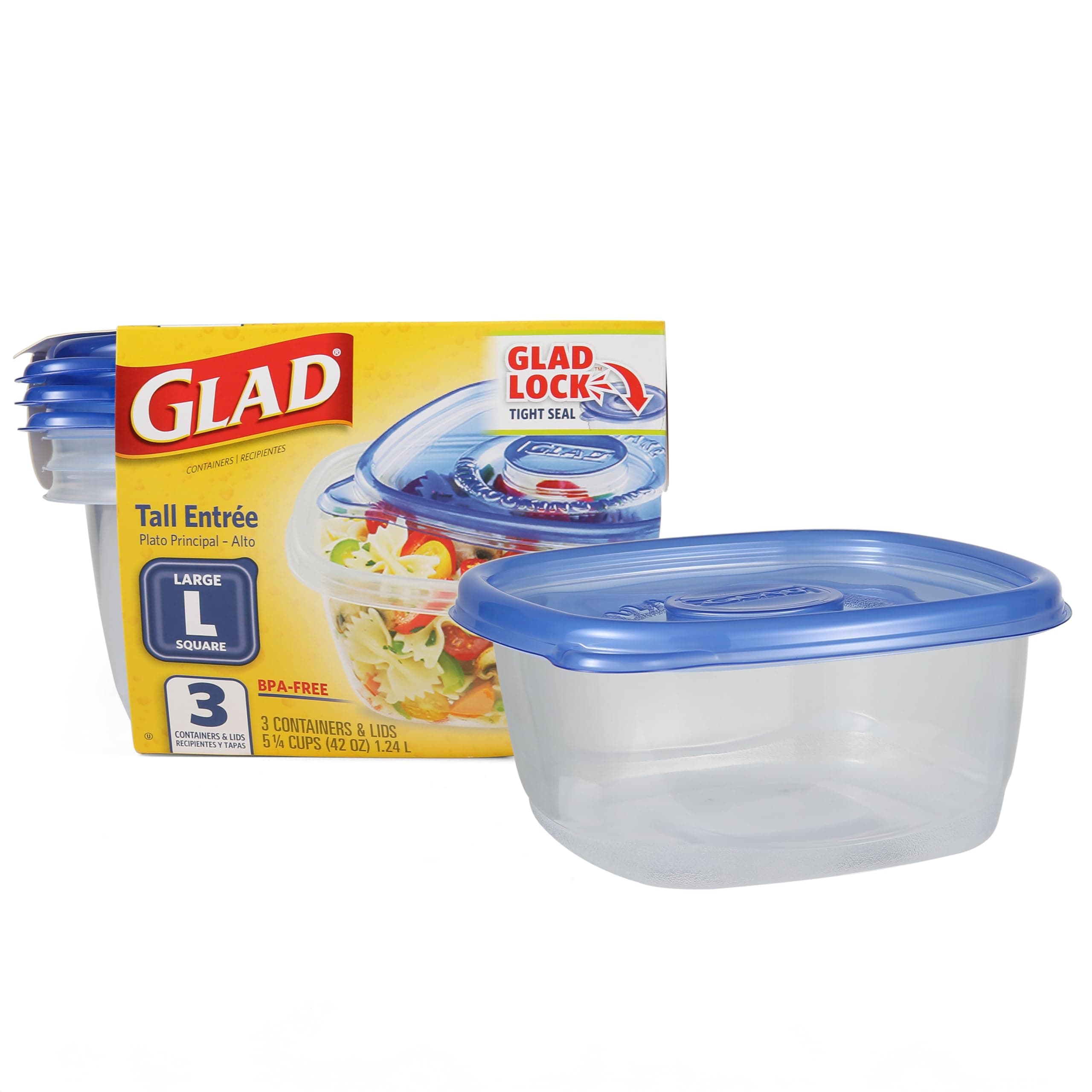 Glad GladWare Tall Entree Food Storage Containers with Lids, Large Square No BPA Plastic for Meal Prep and Lunches, Lock Tight Seal, Microwave and Dishwasher Safe, 42 Oz, 3 Count