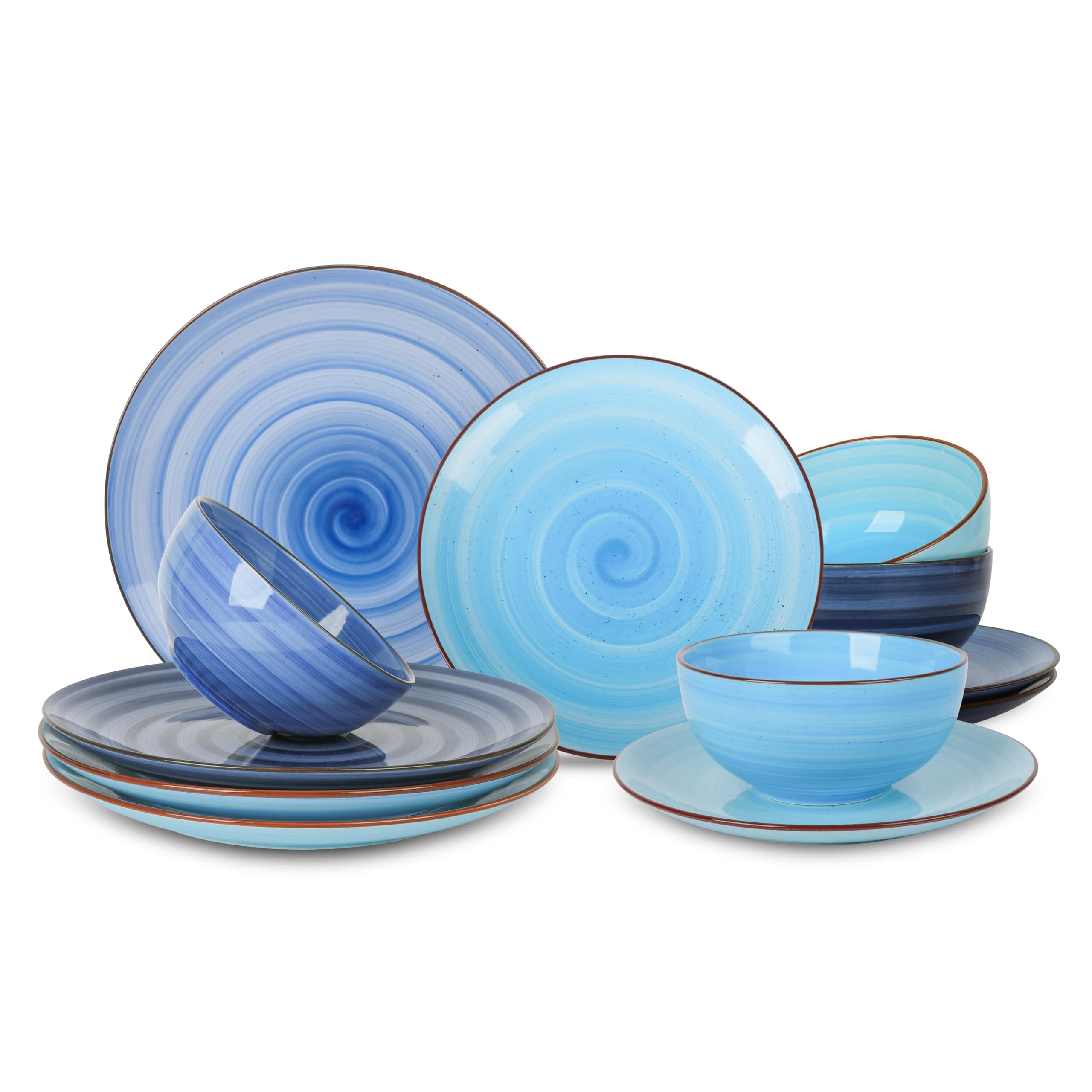 Selamica Ceramic Dinnerware Sets, 12 Pieces Plates and Bowls Sets, Scratch Resistant Dishes Set for 4, Handpainted Swirl Dishware Sets with Spray Black Dots, Dishwasher&Microwave Safe, Gradient Blue