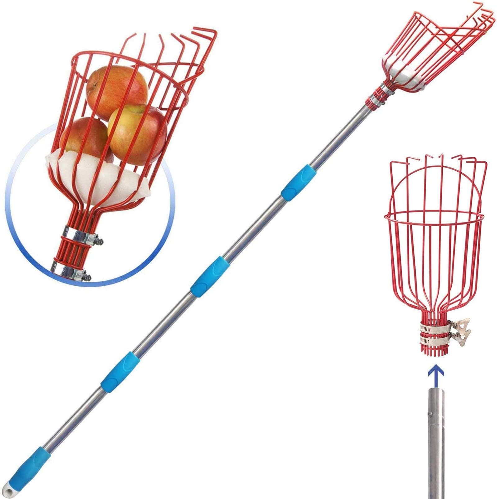 Fruit Picker Tool, 5FT Fruit Picker with Basket Adjustable Long Handle, Easy to Assemble & Use Fruits Catcher Tree Picker for Getting Fruits - Ideal for Low & Medium Height Fruit Harvesting