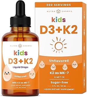 NutraChamps Kids Vitamin D 3 K2 Drops, Vitamin D3 & K2 MK-7, Liquid Vitamin D for Kids 1000 IU, Healthy Bones, Heart & Immune System, Sugar Free Supplement for Toddlers, 300 Servings
