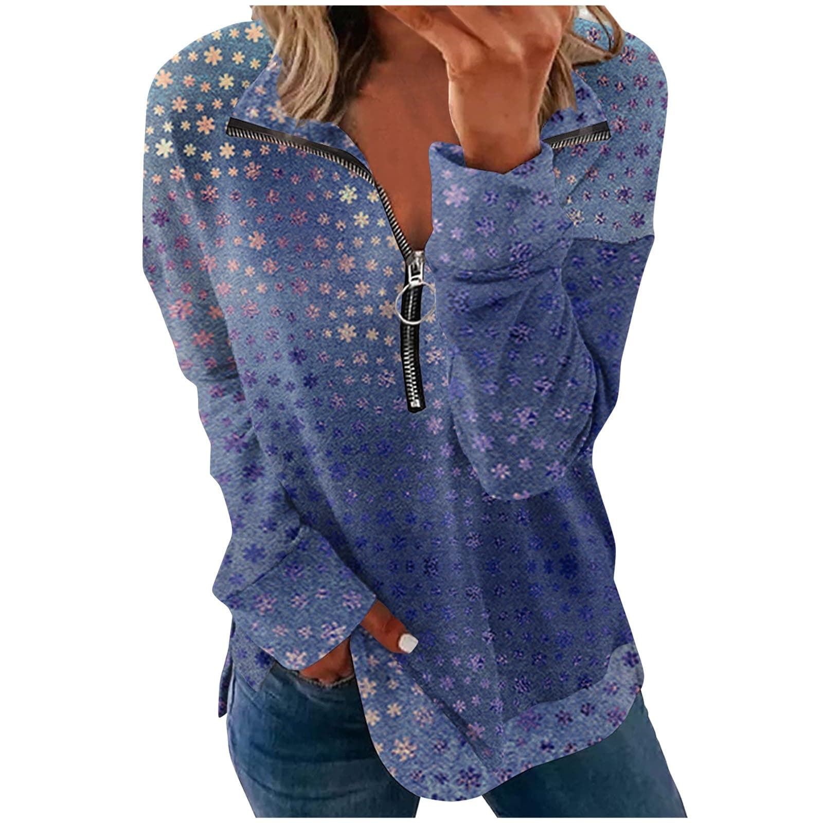 Womens Plus Size Sweatshirts Half Zip Lapel Pullover Tops Casual Vintage Graphic Pullovers Fall Long Sleeve Top