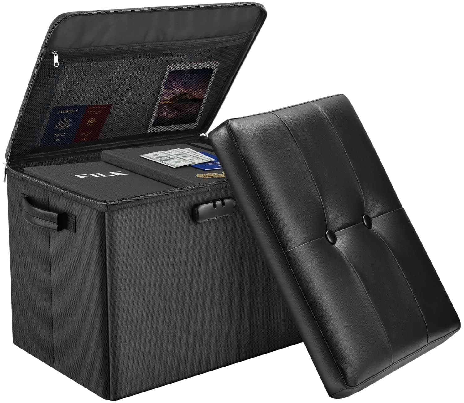 Storage Ottoman with Lock,Fireproof Folding Ottoman Foot Rest Stool Storage Chest with Storage Safe for Important Documents,Waterproof 17 Inches Short Ottoman Foot Stool with Handles,Black