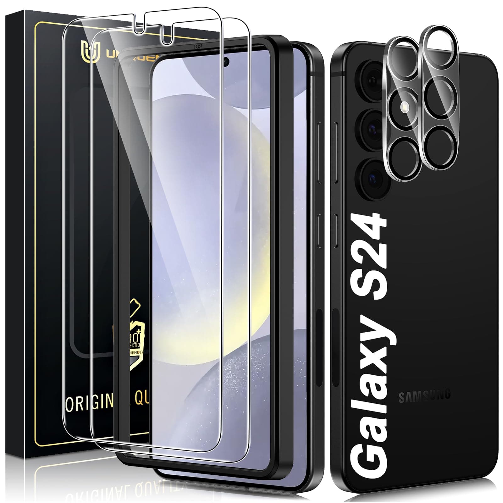 UniqueMe[2+2 Pack for Samsung Galaxy S24 Screen Protector, [Hardness of Diamonds] Tempered Glass and Camera Lens Protector [Upgraded Anti-Explosion] Fingerprint Unlock Screen CoverClimatePartner certified