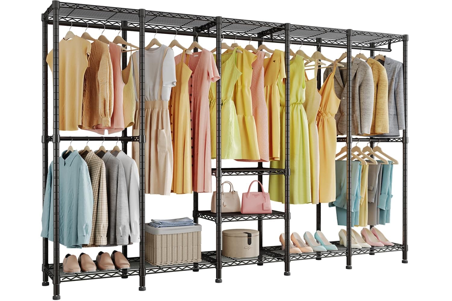 Higeego H5 Extra Large Wire Garment Rack, Heavy Duty Clothes Rack, Freestanding Clothing Rack for Hanging Clothes, Wardrobe Closet with Adjustable Shelf, 93.3" Wx15.7 Dx75.4 H, Black, Load 1400 lbs