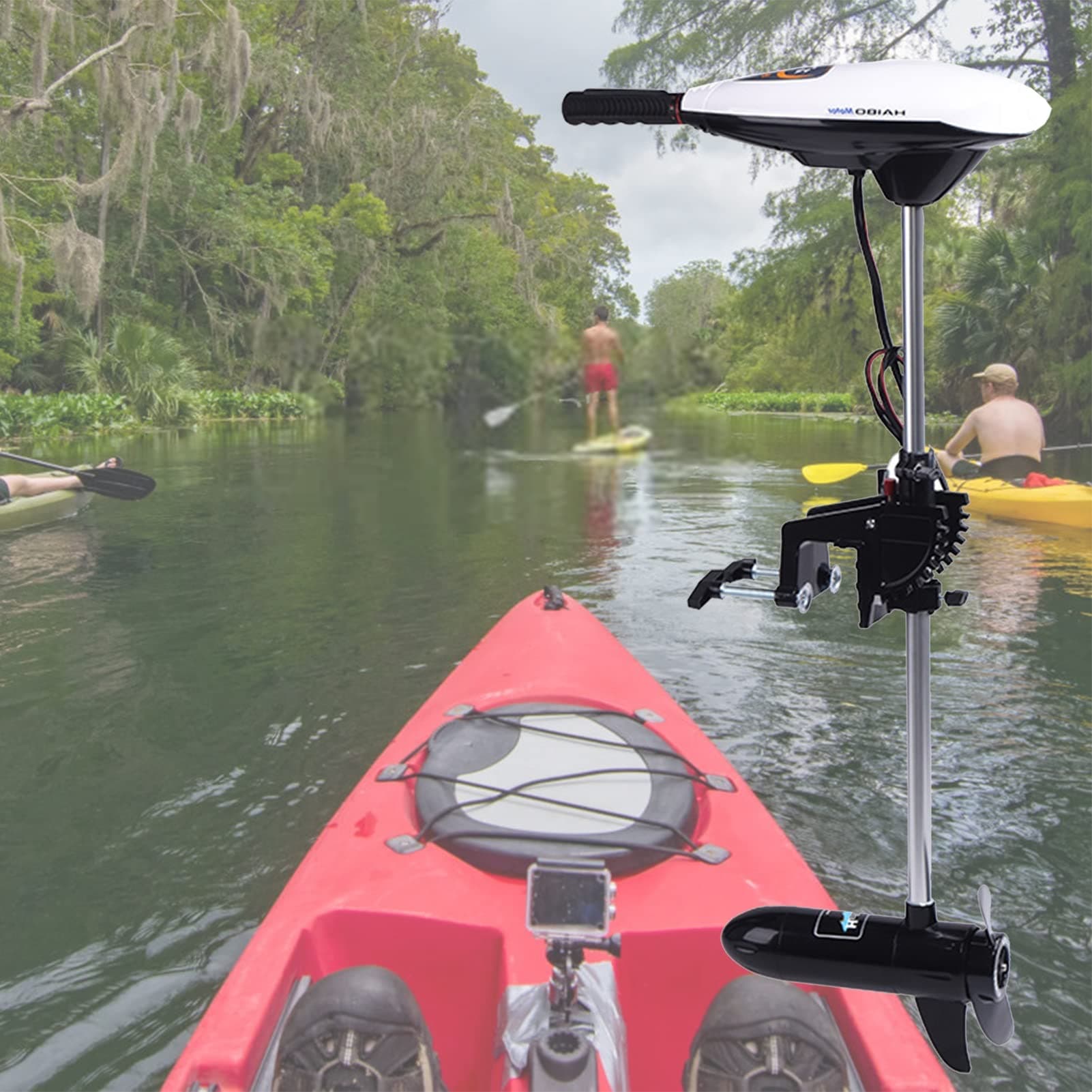 trolling motor Transom Mounted Trolling Motor 34 Pound Thrust, Hand Steer Outboard Motor with Telescoping Handle, 7 Variable Speed Boat Motors