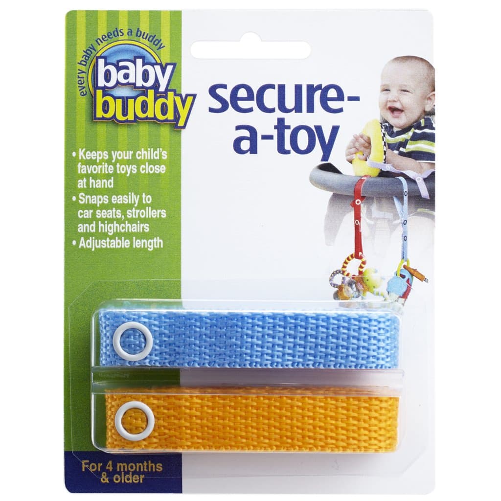 Baby Buddy Secure-A-Toy, Safety Strap Secures Toys, Teether, Or Pacifiers to Strollers, Highchairs, Car Seats, Adjustable Length to Keep Toys Sanitary Clean, Registry Must Haves, Blue-Gold, 2 Count