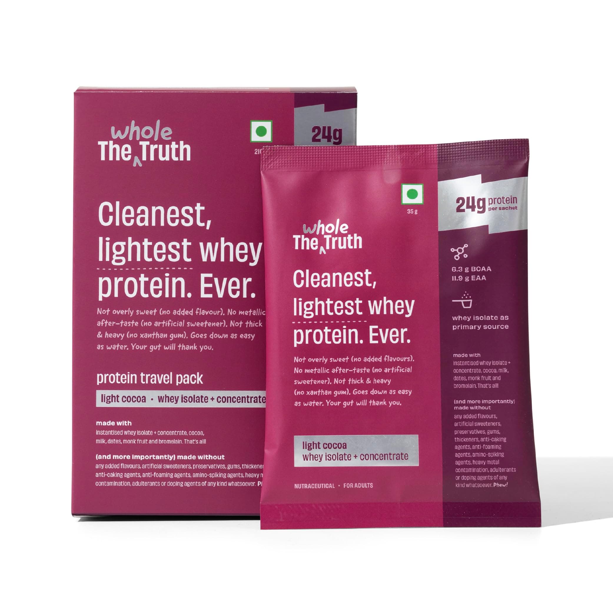 Whey Protein Isolate+Concentrate | Light Cocoa 210g (Pack of 6) | 24g Protein/Sachet 6.6g BCAA | 100% Authentic & No Adulteration | Clean, Light & Easy to Digest | Sample & Travel Pac