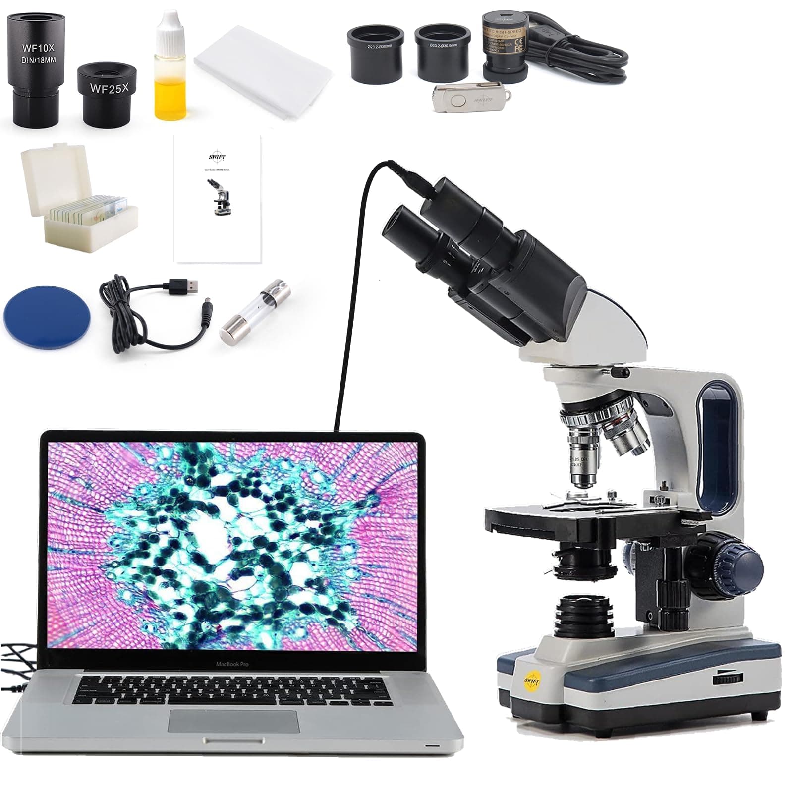 Swift Digital Binocular Compound Microscope 40X-2500X, with 5MP USB Camera, Two-Layer Mechanical Stage and Software Windows and Mac Compatible and Slides,Siedentopf Head,Research-Grade