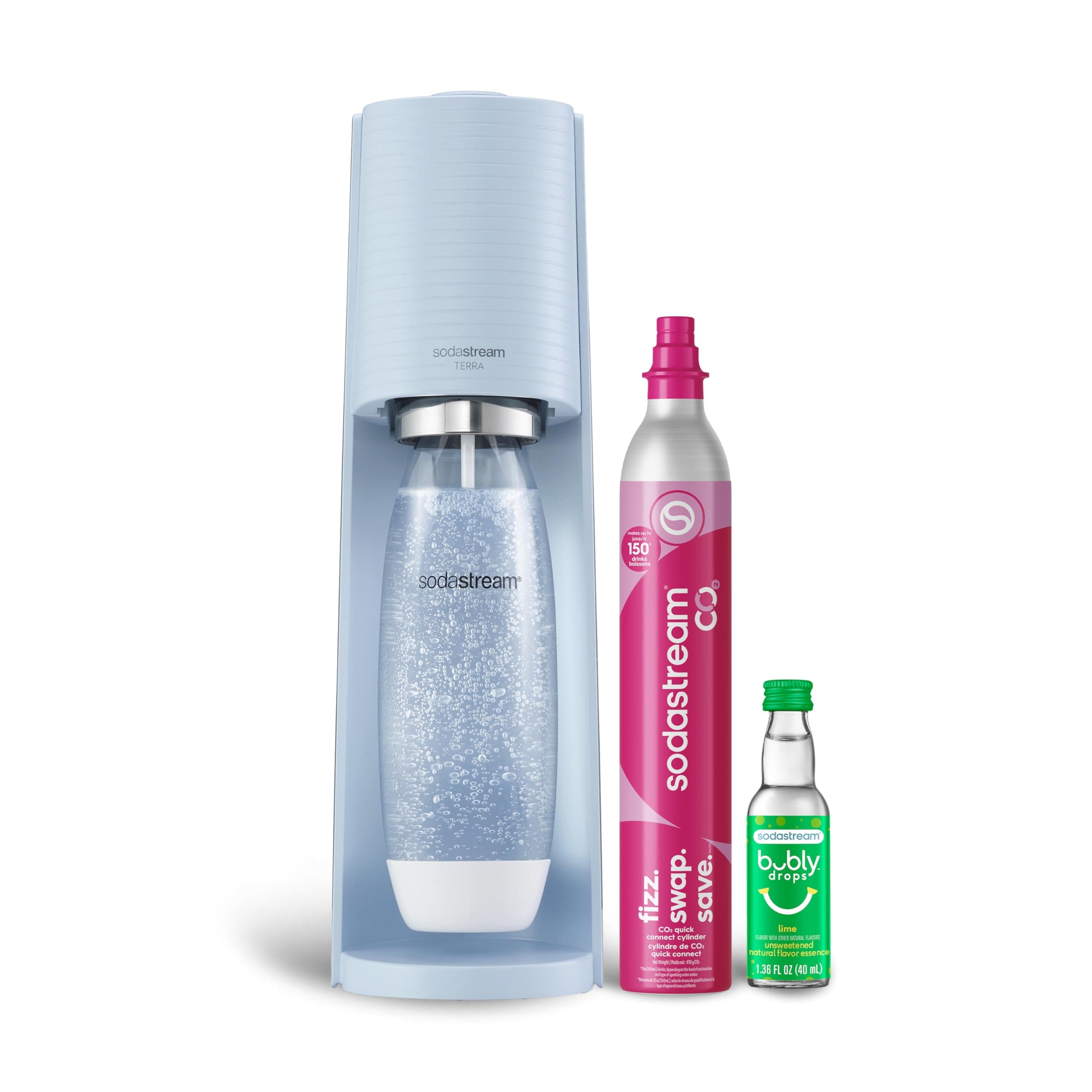 Terra Sparkling Water Maker (Misty Blue) with CO2, DWS Bottle and Bubly Drop