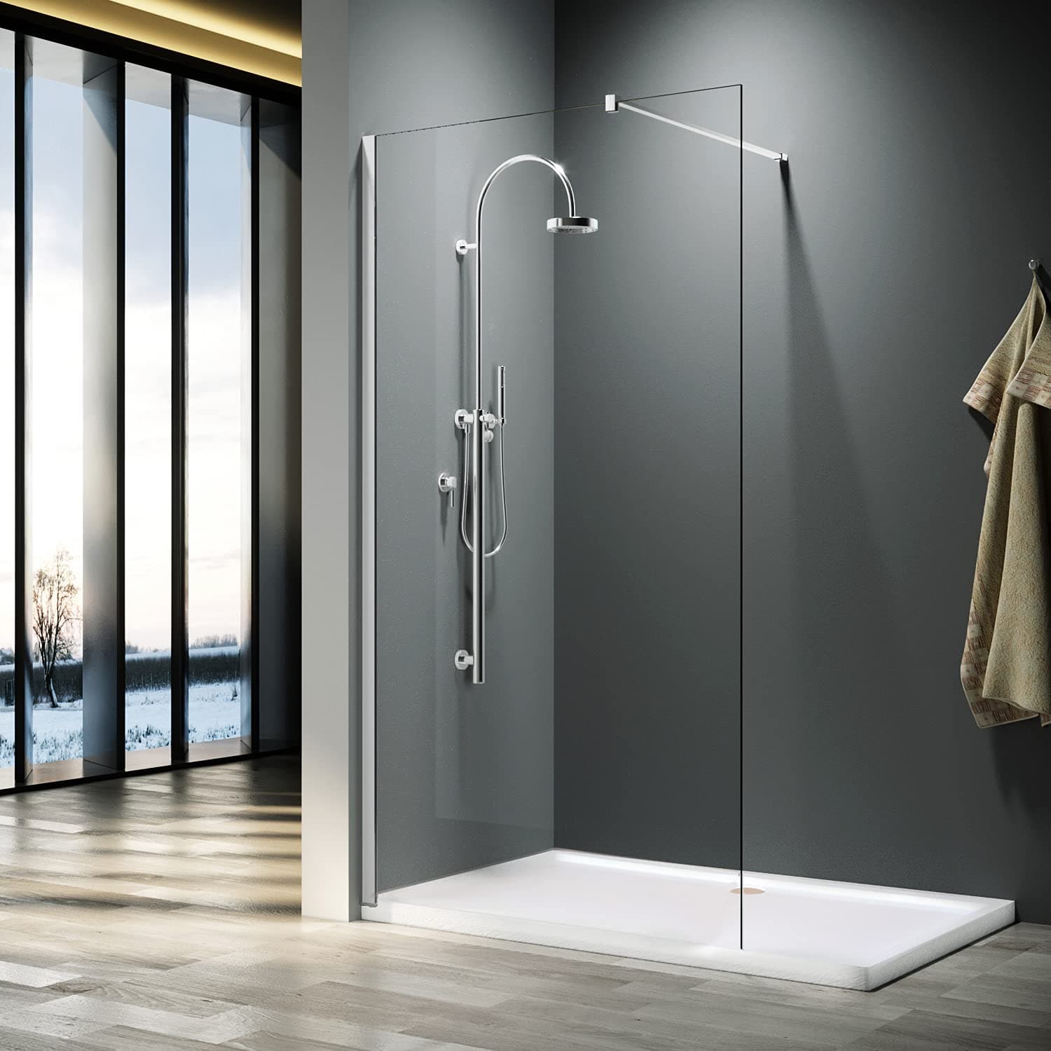 ELEGANT 700mm Wet Room Shower Enclosure Easy Clean Screen Panel with 900x1200mm Walk in Stone Shower Tray and Waste