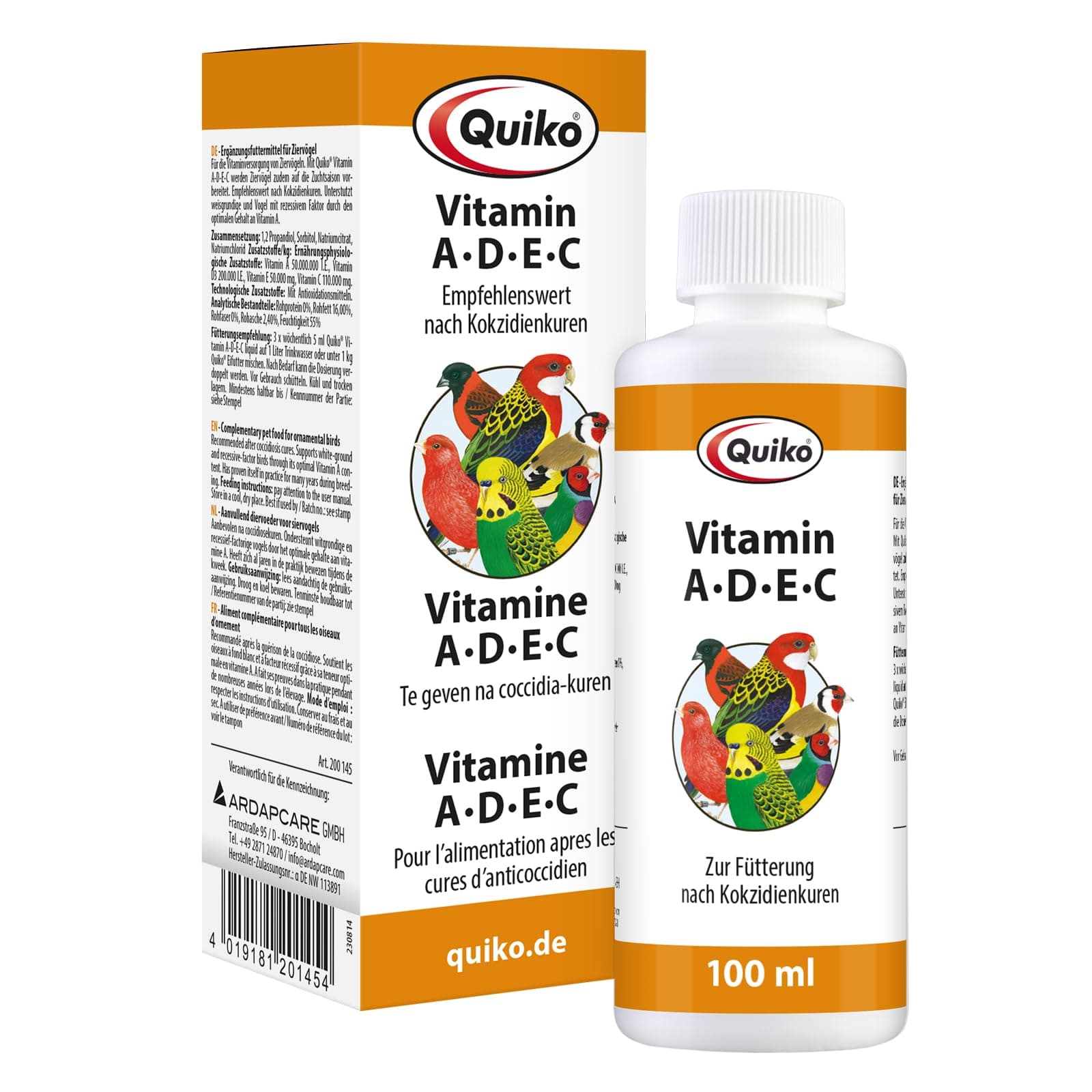 Quiko Vitamin A-D-E-C -100 ml For vitamin supply for pet birds, racing pigeons and chickens - For vitamin supply after coccidia cures - Ideal in stress situations