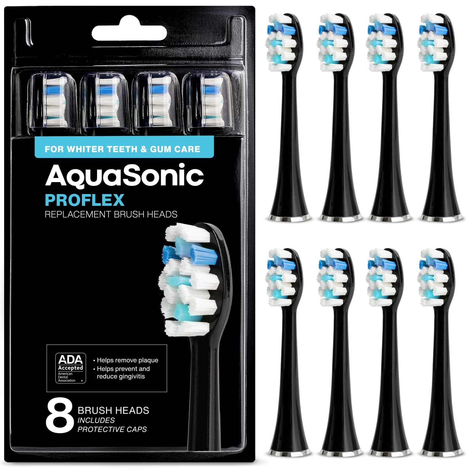 AquaSonic Genuine Proflex Replacement Brush Heads | ADA Accepted | for Whiter Teeth & Gum Care | Compatible with Many AquaSonic Toothbrush Handles (8 Pack Black)