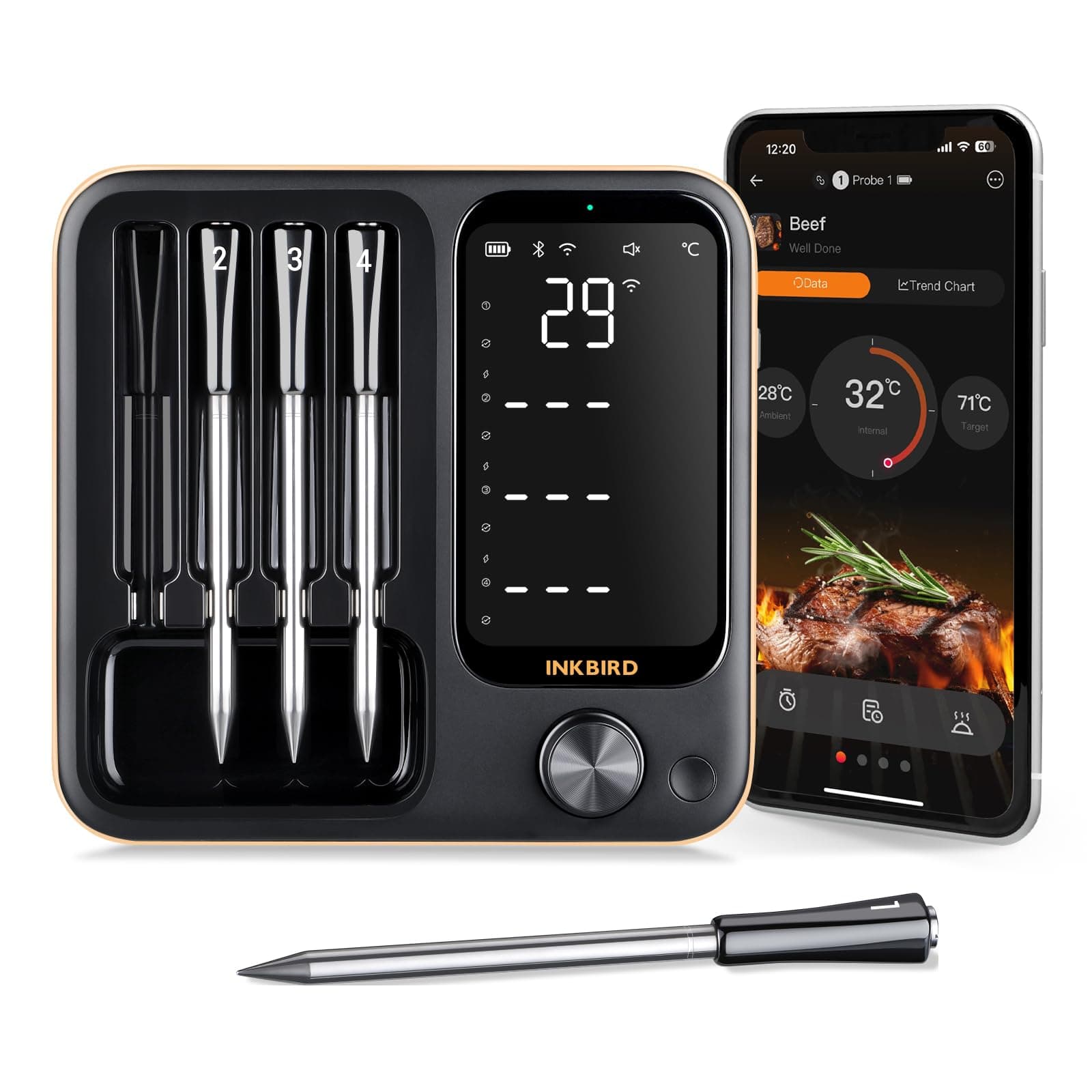 INKBIRD Wireless BBQ Thermometer INT-14-BW Three-Mode with 4 Probes WiFi Bluetooth Meat Thermometer with Temperature Pre-alarm and Timer IP67 Waterproof Smart Food Thermometer for BBQ Grill Oven