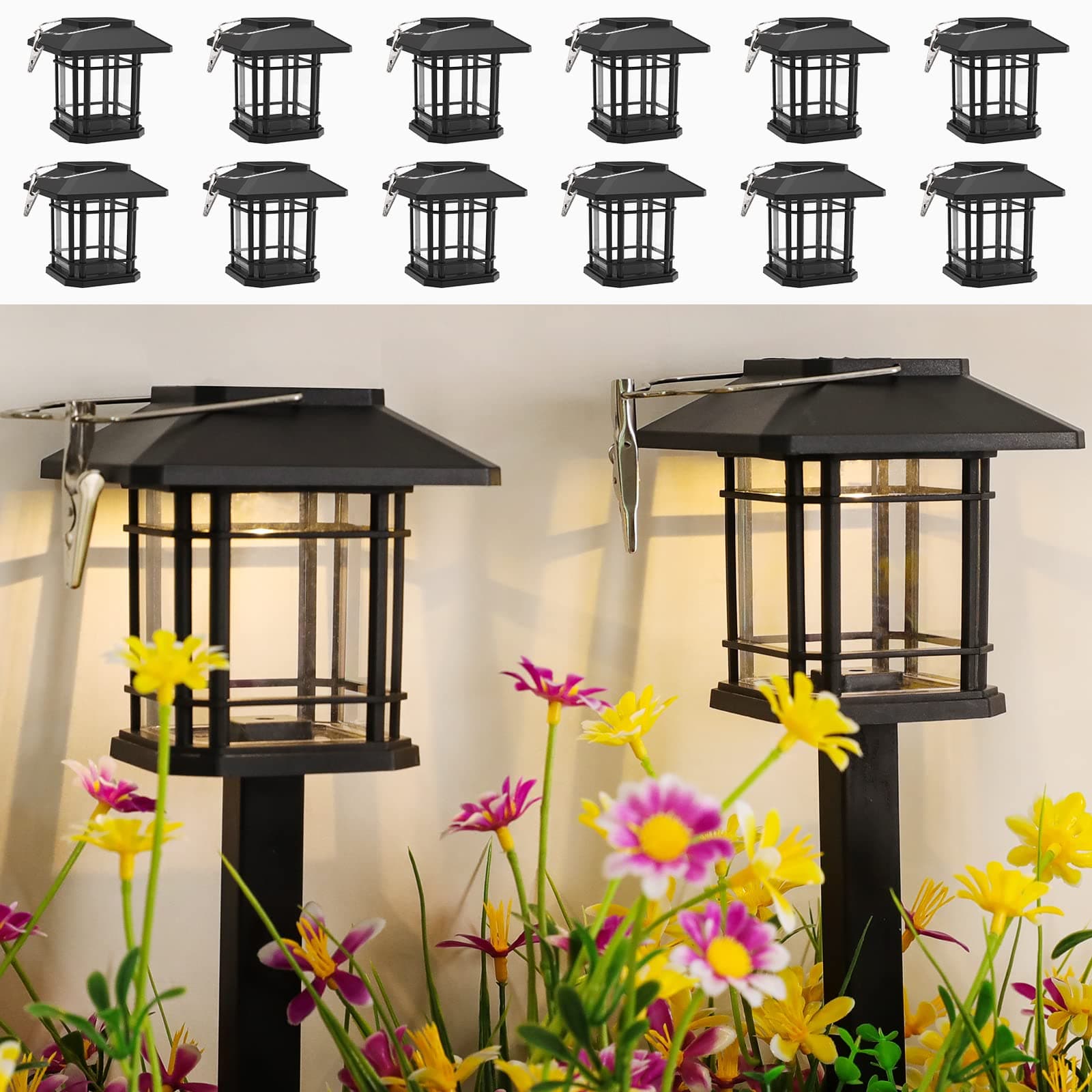 PARTPHONER 12 Pack Solar Pathway Lights Outdoor, Solar Hanging Lantern with Stake for Garden Patio Lawn Deck Umbrella Tent Tree Yard Driveway Warm White 3000K