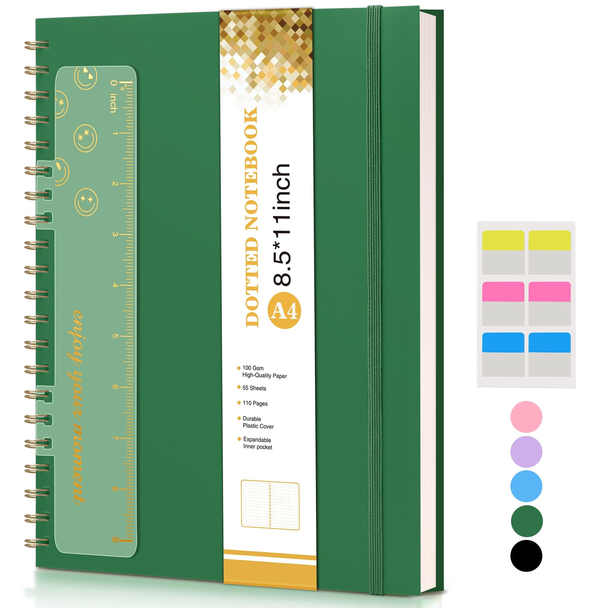 Dotted Notebook, Spiral Notebook Journal 8.5” x 11”, A4 Large Dot Grid Notebooks for Women Men, 100 GSM Dotted Paper, Plastic Hardcover Spiral Bullet Journals for Work School Sketching, Green