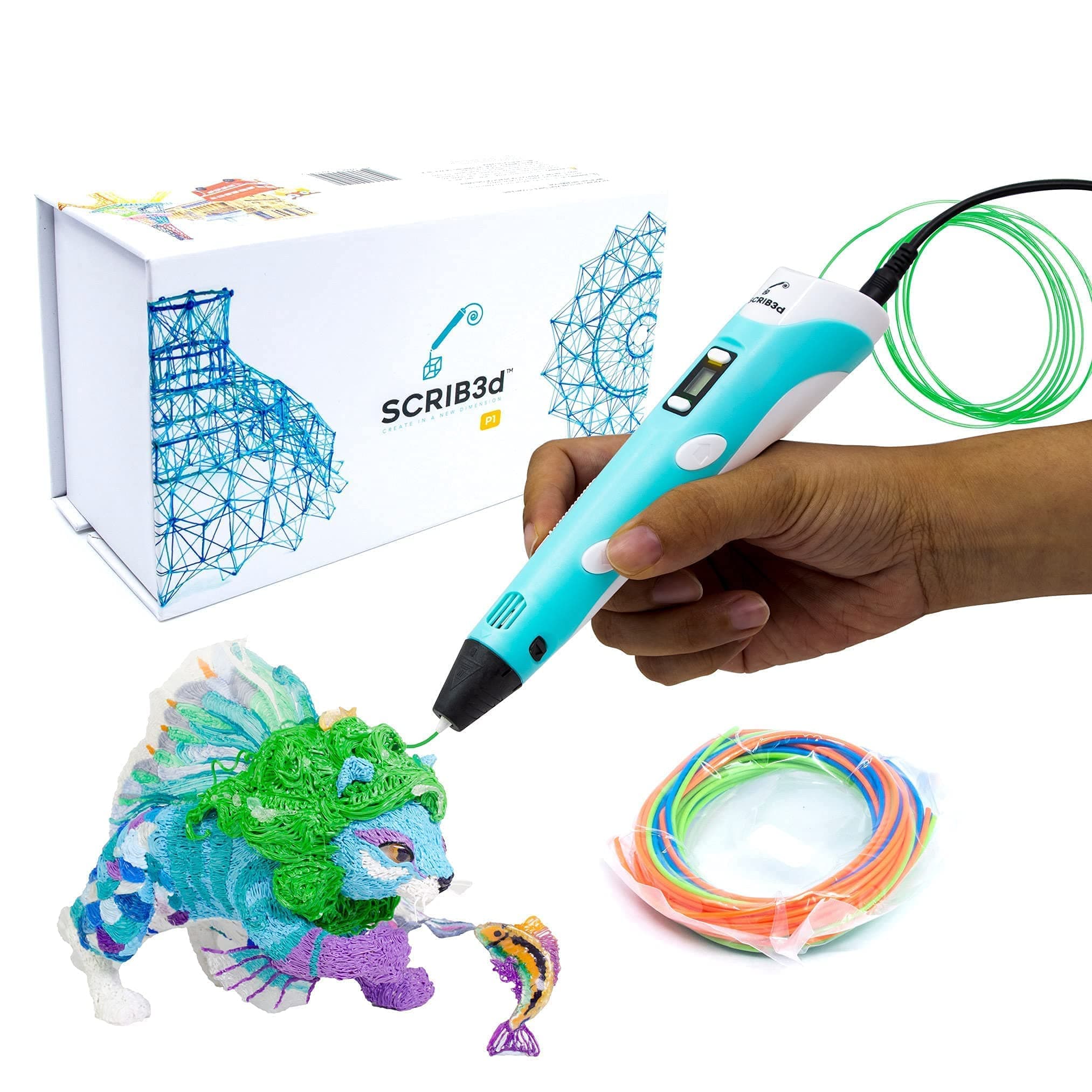 SCRIB3D P1 3D Printing Pen with Display - Includes 3D Pen, 3 Starter Colors of PLA Filament, Stencil Book + Project Guide, and Power adapter
