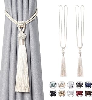 Pretty Jolly 2 Pack Long Tassel Curtain Tiebacks Handmade Braided Rope Knot Drape Tie Backs European Style Decorative Curtain Holdbacks for Home & Office Window Drapery (Beige)
