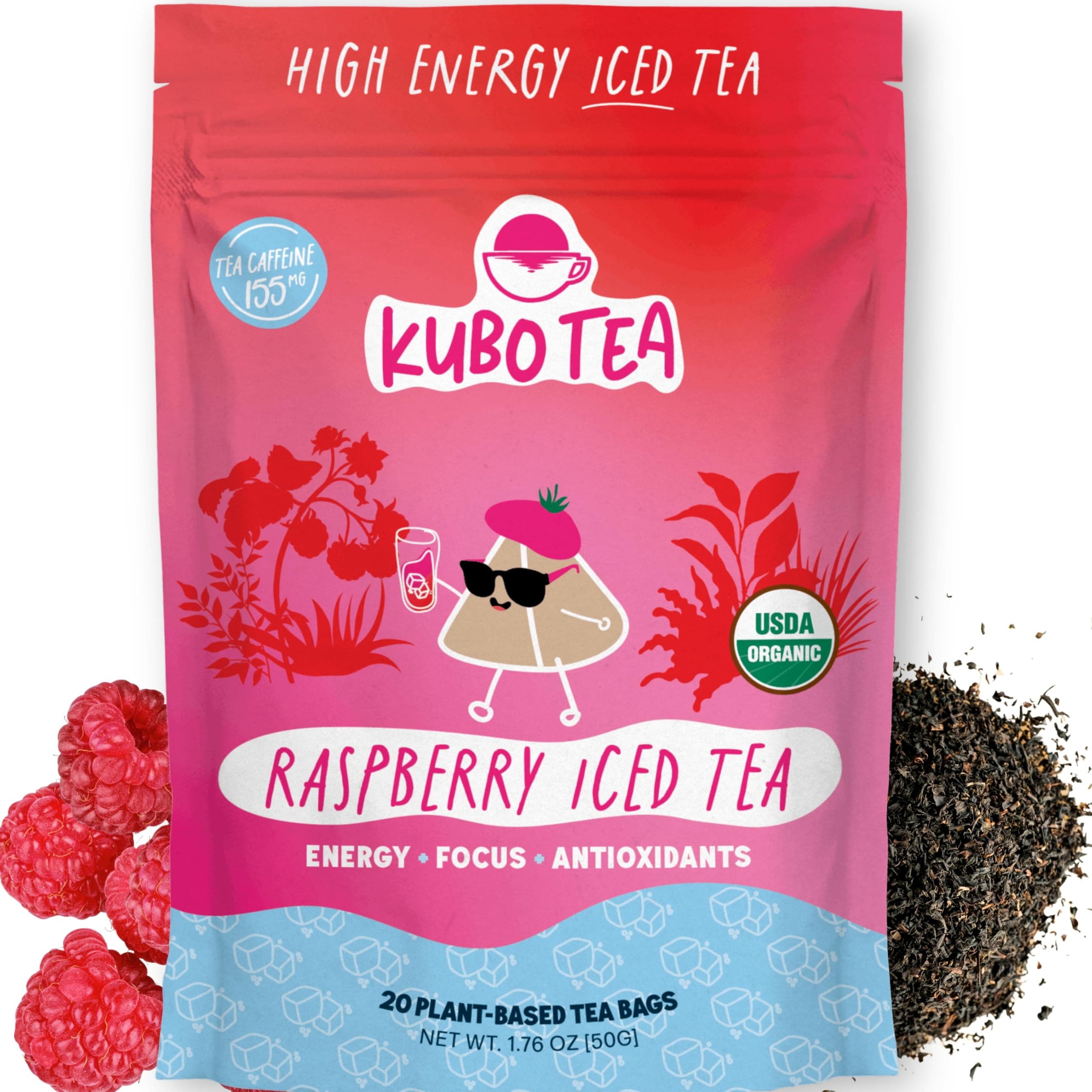 Kubo Raspberry Iced Tea Bags | Organic High Caffeine (155mg) Black Tea + Organic Raspberry | 20 Pyramid Count | Caffeinated Tea for Clean Energy & Focus | Coffee Substitute, Sugar Free