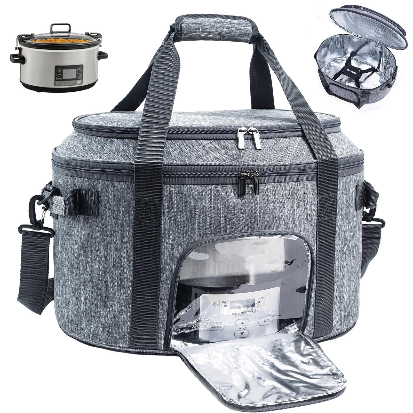 Double-Layer Slow Cooker Carrying Bag for 6-8 Quart CrockPot and Hamlton Beach Slowcooker, Travel Bag with Lid Fastener for Crock-pot, Portable Carrier with See-throught Window(BAG ONLY)