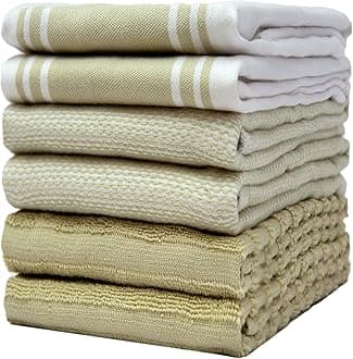 Premium Kitchen Towels (20”x 28”, 50 x 70 cm, 6 Pack) – Large Cotton Kitchen Hand Towels – Vintage Striped Flat & Terry Towel – Highly Absorbent Tea Towels Set With Hanging Loop – Sage Green