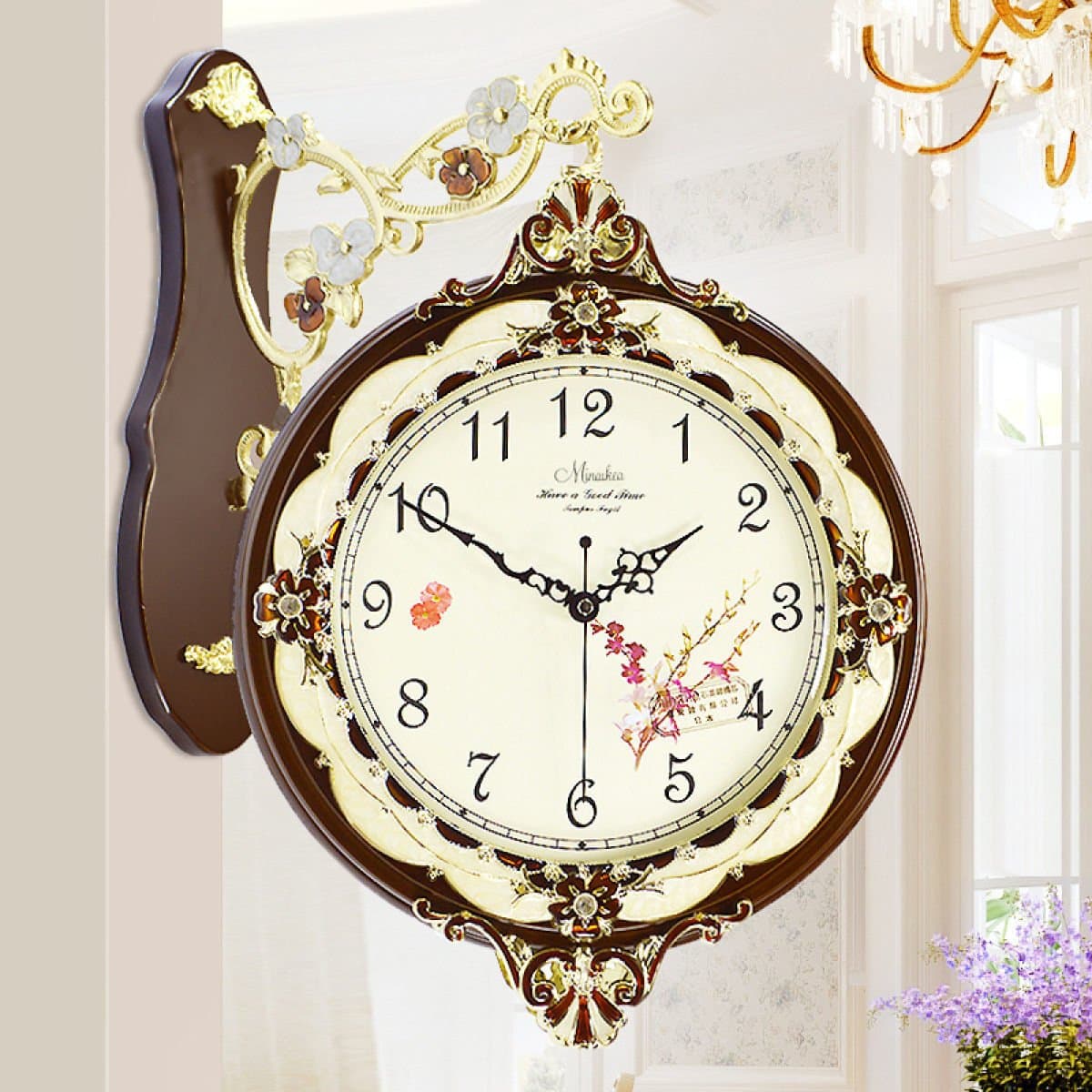 Retro Solid Wood Mute Double Side Wall Clock Pastoral Living Room Bedroom Decoration 33 * 33cm,Brown