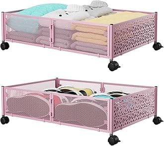Under the Bed Storage Containers with Wheels, Under Bed Storage, Under Bed Shoe Storage Organizer Drawer, Tool-free Assembly Metal Underbed Storage Containers -Pink