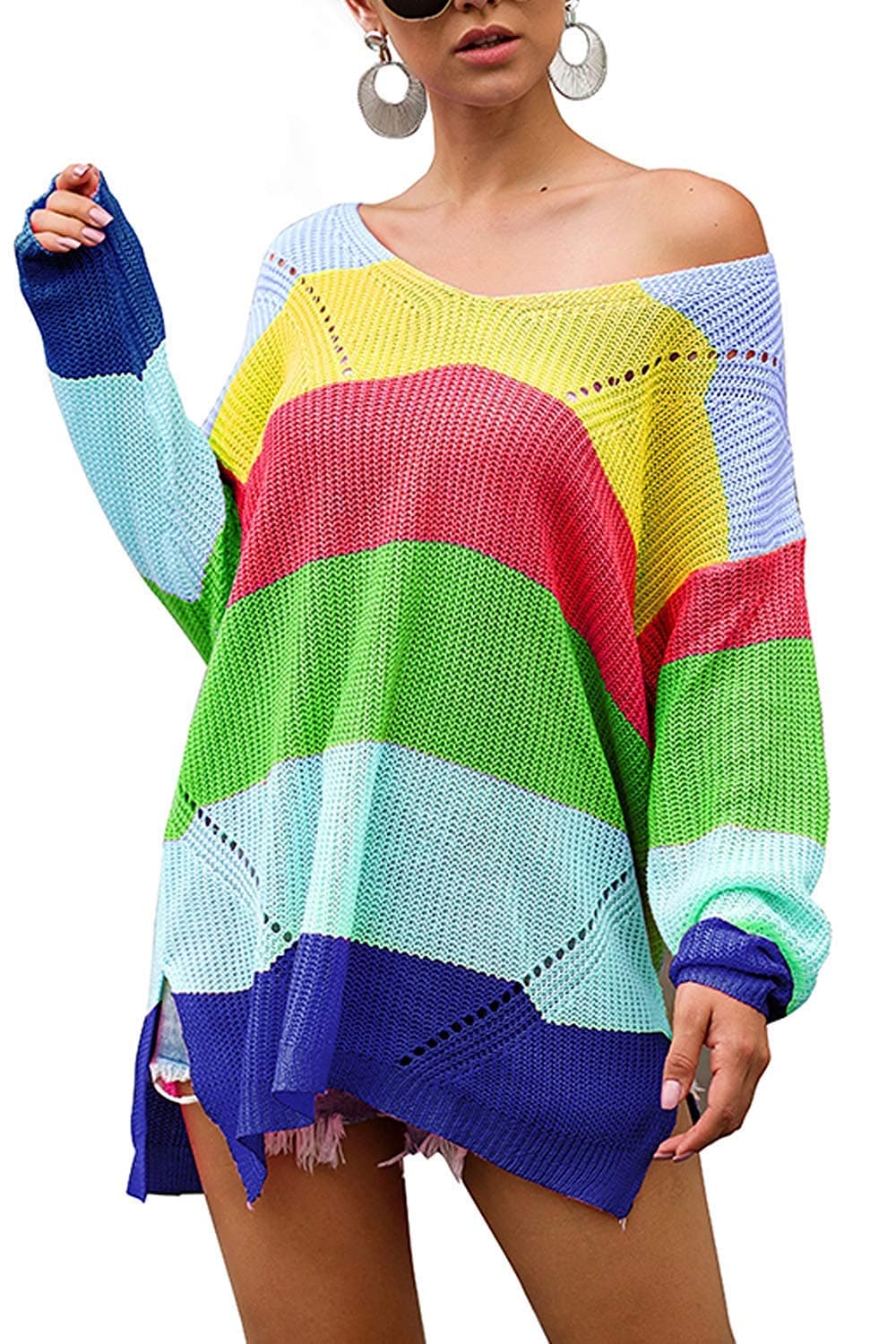 OrientalPort rainbow knitted pullover women's V-neck colour block pullover casual winter jumper long sleeve sweatshirt striped pullover