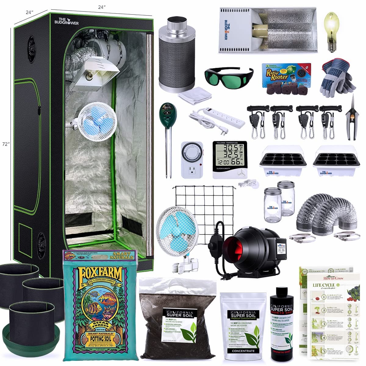 Complete Solution - 150W HPS Grow Light - 24"x24"x72" Hydroponic 1680D Canvas Tent Mylar Interior - Nutrient Enriched Cali Super Soil - All-in-One Indoor Grow Kit - Premium Ventilation