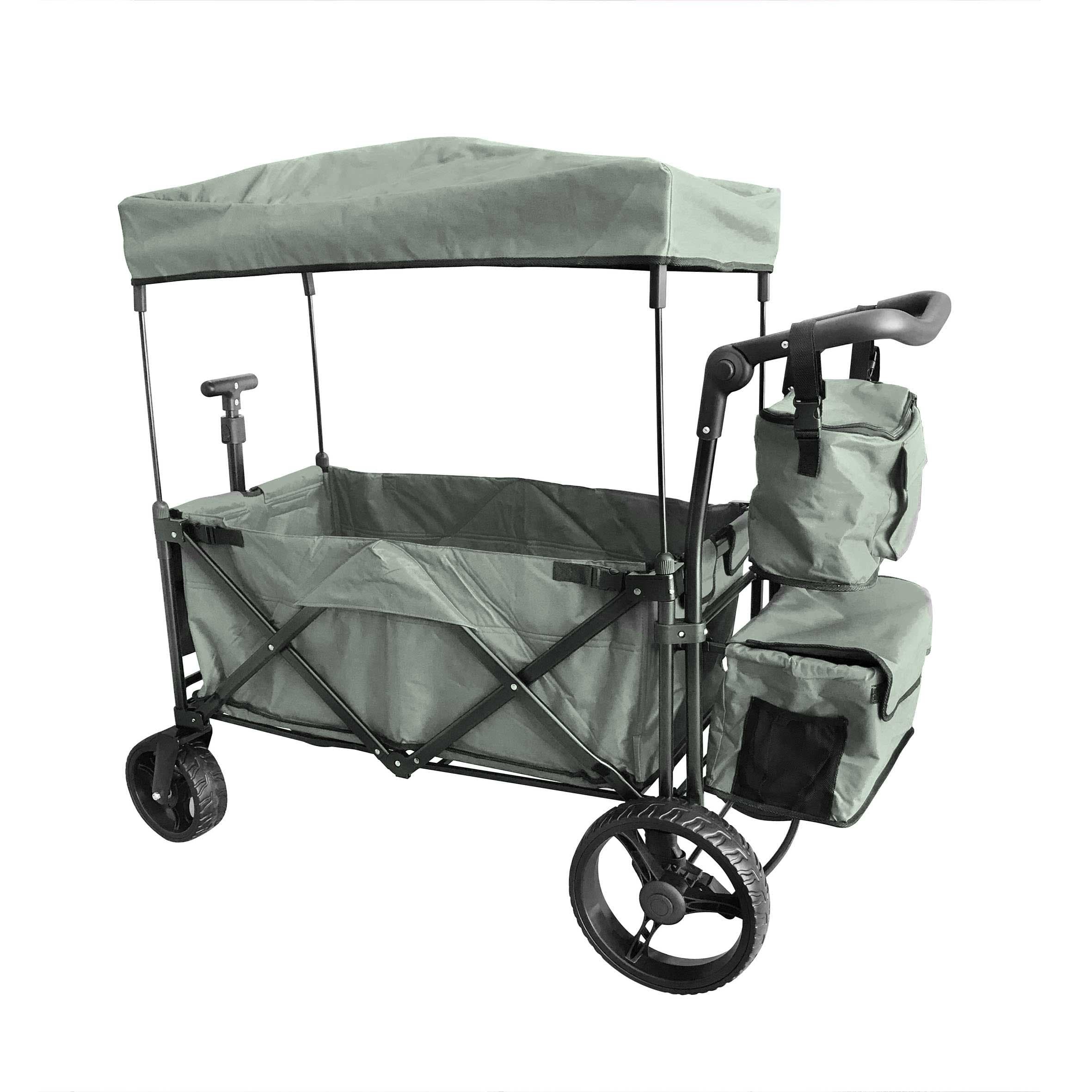 GREY PUSH AND PULL HANDLE WITH WIDE OFF ROAD ALL TERRAIN TIRES FOLDING STROLLER WAGON COLLAPSIBLE BABY TROLLEY W/ CANOPY BEACH OUTDOOR SPORT GARDEN UTILITY SHOPPING TRAVEL CARTFREE CARRYING BAG
