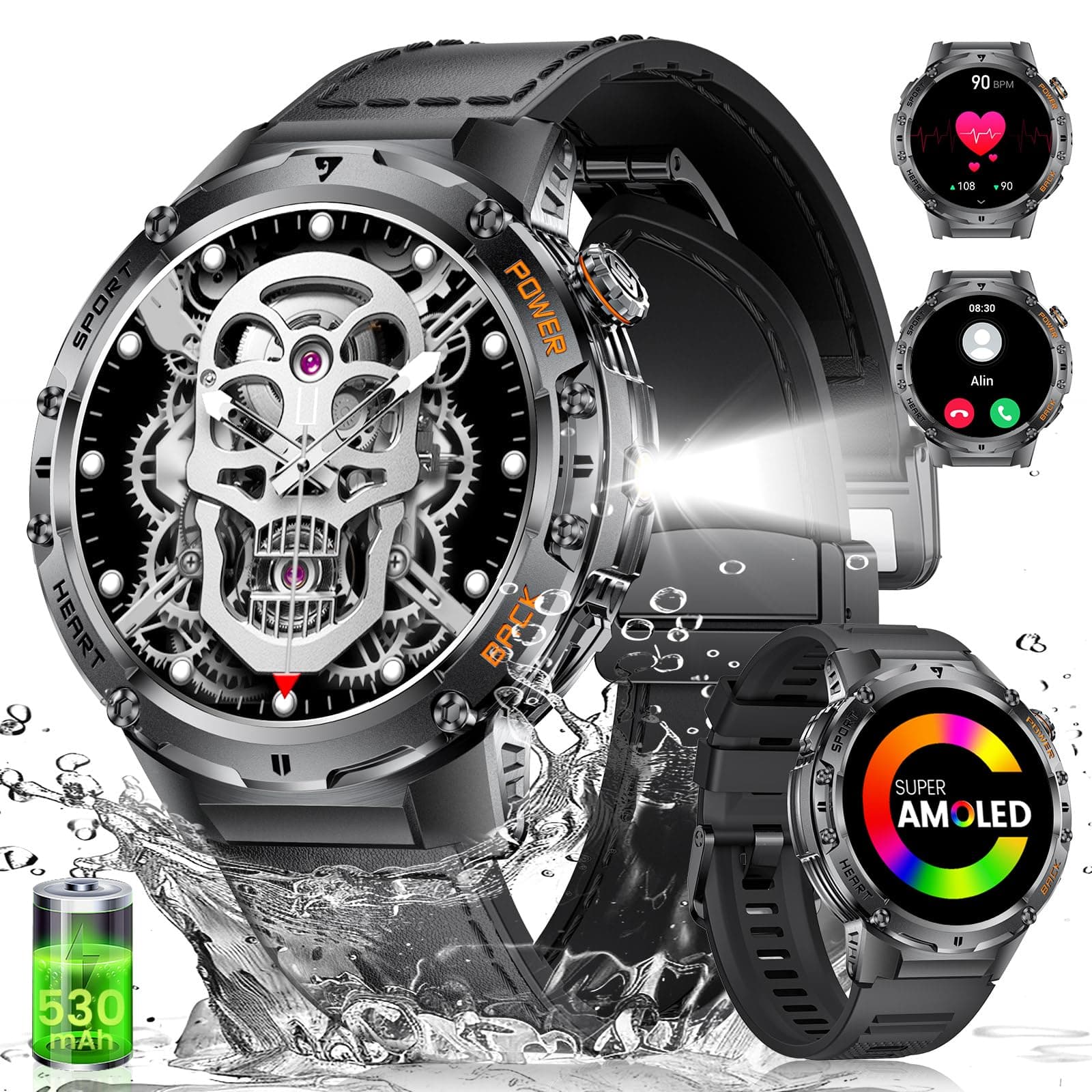 Military Smart Watches for Men with LED Flashlight(Answer/Make Calls),530mAh Large Battery,1.43’’ AMOLED,5ATM Waterproof Smartwatch for Android iOS,130+Sport Modes Heart Rate/Sleep Monitor Leather