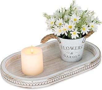 Hanobe Decorative Serving Tray White: Beaded Coffee Table Tray Rustic Vintage Wood Centerpiece Decor Farmhouse Kitchen Counter Home Organizer Oval