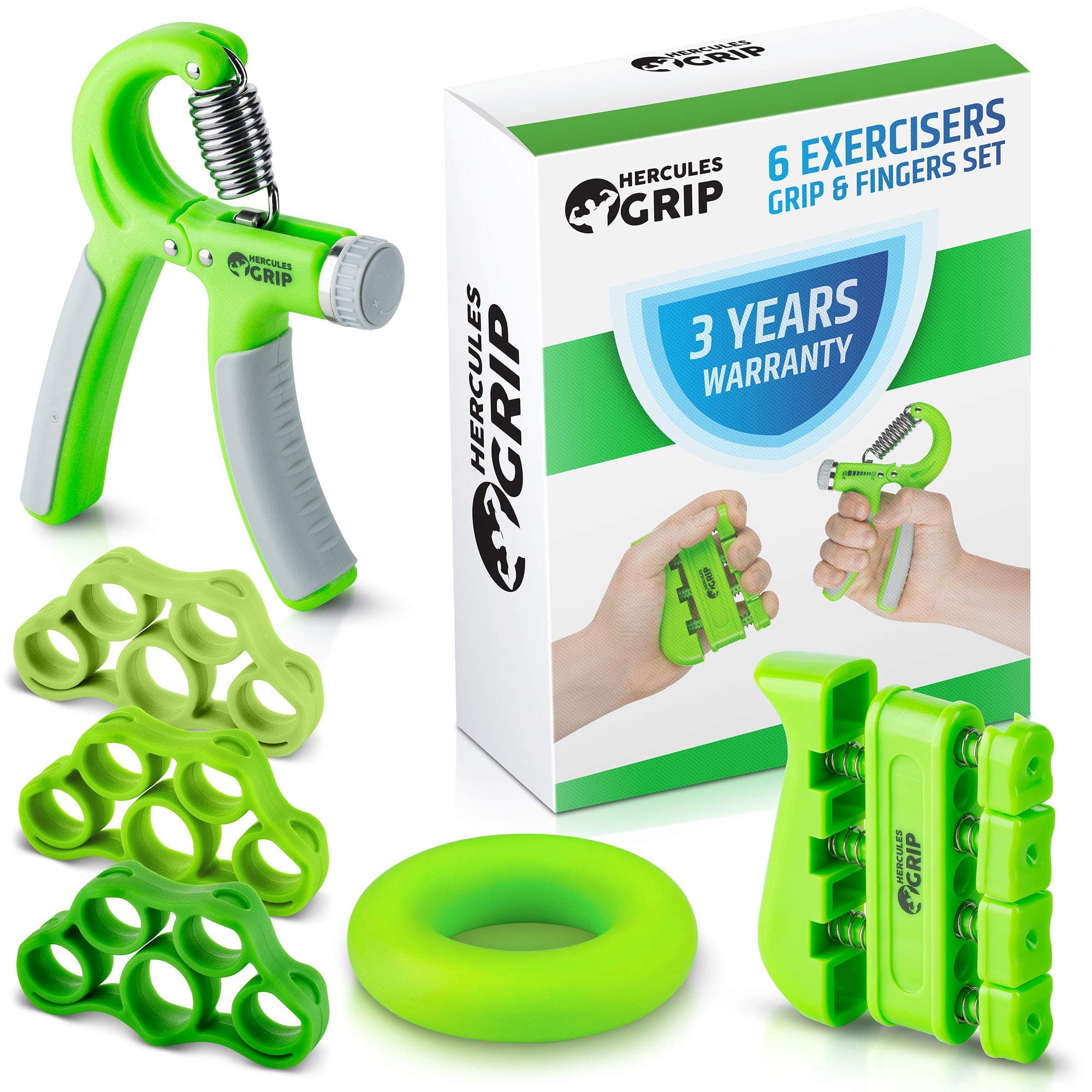 Hand Grip Strengthener Forearm Grip Workout Kit - 6 Pack - Adjustable Hand Gripper Resistance Range of 22-88lbs, Finger Exerciser, Finger Stretcher & Exercise Ring + HD Video Manual