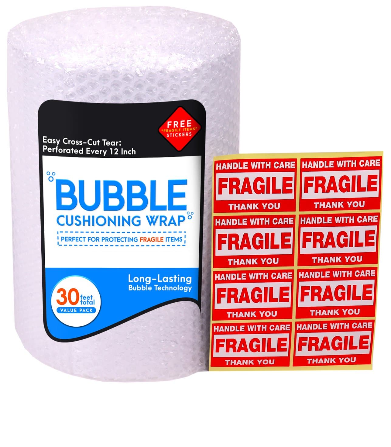 Bubble Cushioning Wrap Roll for Packing (3/16", 12" x 30 ft), Easy-to-Tear 12" Sheets, Plus Free 8 'Fragiile, Handle with Care' Stickers