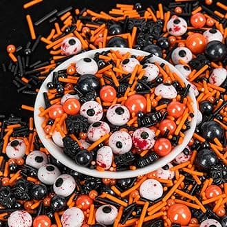 Halloween Terrifying Sprinkles,Candy Bloody Eyeballs,Orange Pearls Black Spider Sprinkle Edible Jimmies Mix,Perfect for Cake Decorations, Baking, Ice Cream, Cookies, Cupcake Topper,Halloween Supplies Children's Party,130g/4.58ounce